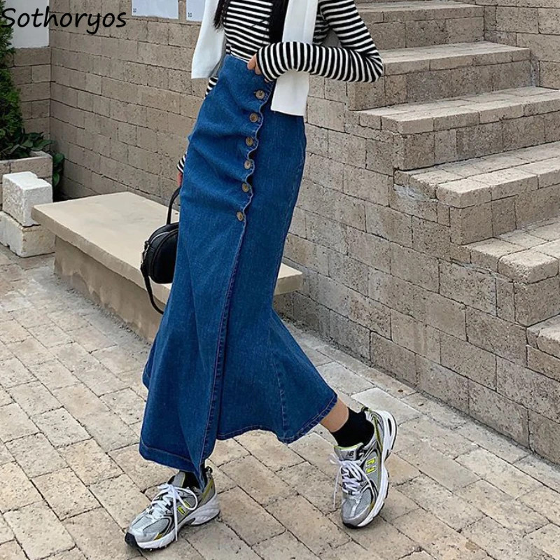 

Denim Skirts Women Button Creativity Special All-match Pure Basics Leisure Korean Style Lovely Elegant Vintage Young Charming