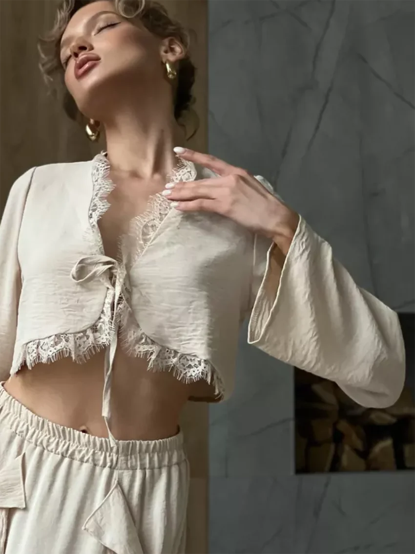 Marthaqiqi Fashion Women Sleepwear Set Crop Top Pajamas Lace Up Nightie Long Sleeve Nightgowns Long Skirt Ladies Nightwear Suit