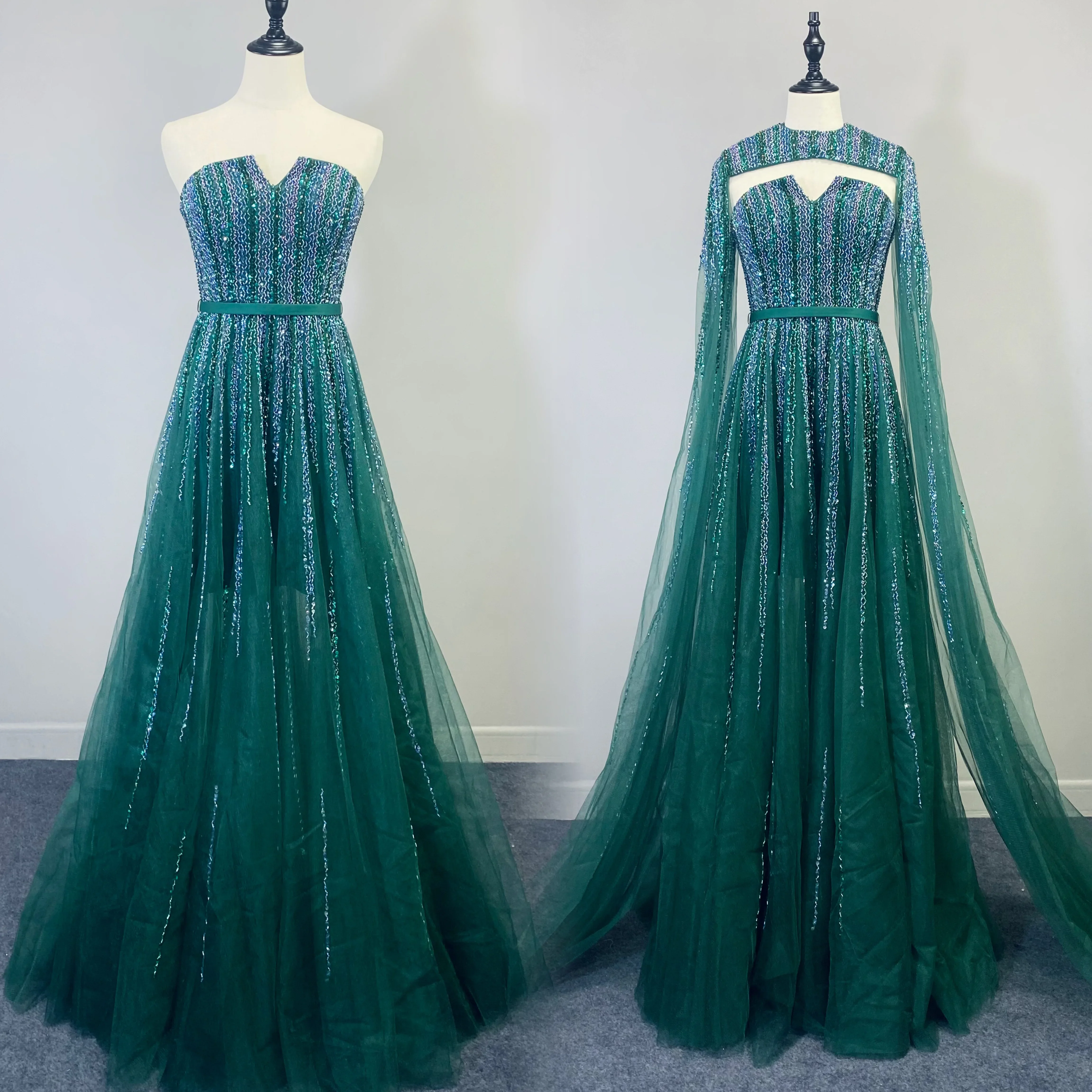 Hot Sale Arabic Green Cape Sleeves A Line Beaded Evening Dresses Long 2024 Celebrity Gowns For Woman Wedding Party LA71912