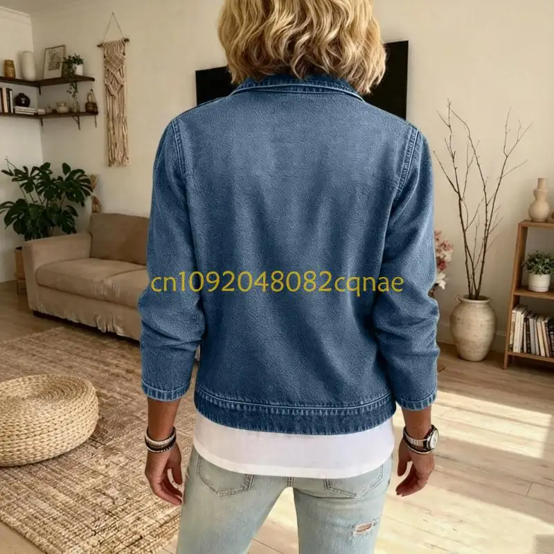 Women Cropped Jean Jackets Collared Zip Up Pullover Sweatshirt Lightweight Cardigan with Zipper Pockets