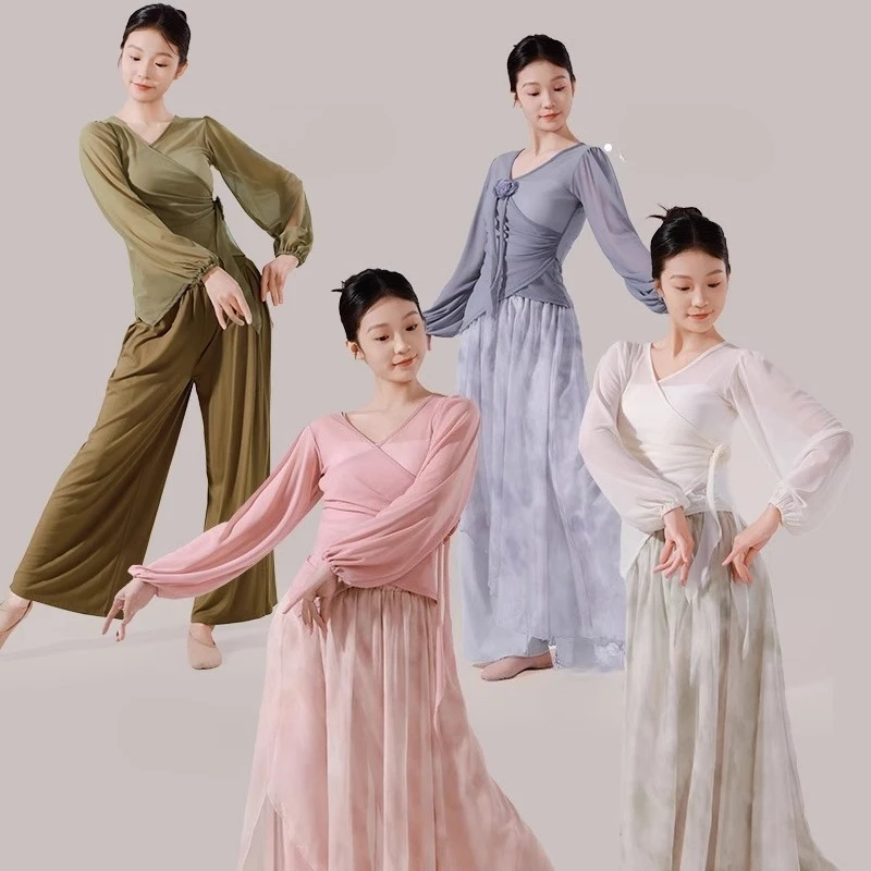 

Удобная танцевальная одежда для женщин и взрослых, современная танцевальная одежда, китайский классический развевающийся топ с длинными рукавами, тонкий топ для практики, танцев