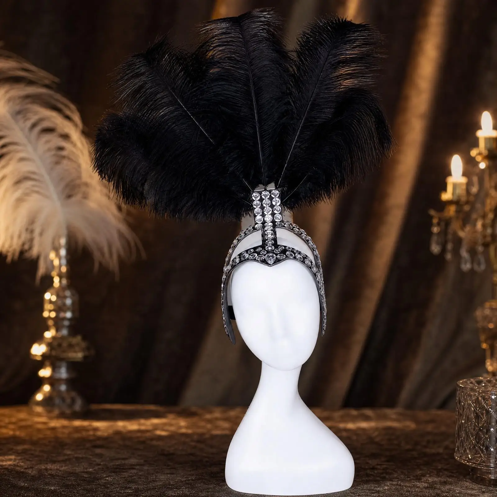 Vintage Party Hairband for Women Crown Feather Headpiece Rhinestone Metal Headband Elegant Decorative Hair Accessory for