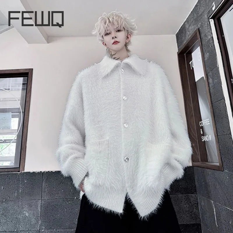 FEWQ  Winter Solid Color Men's Sweater Stand Collar Seahorse Hair Loose Knitted Cardigan Thick Sweater Single Breasted 9C8110