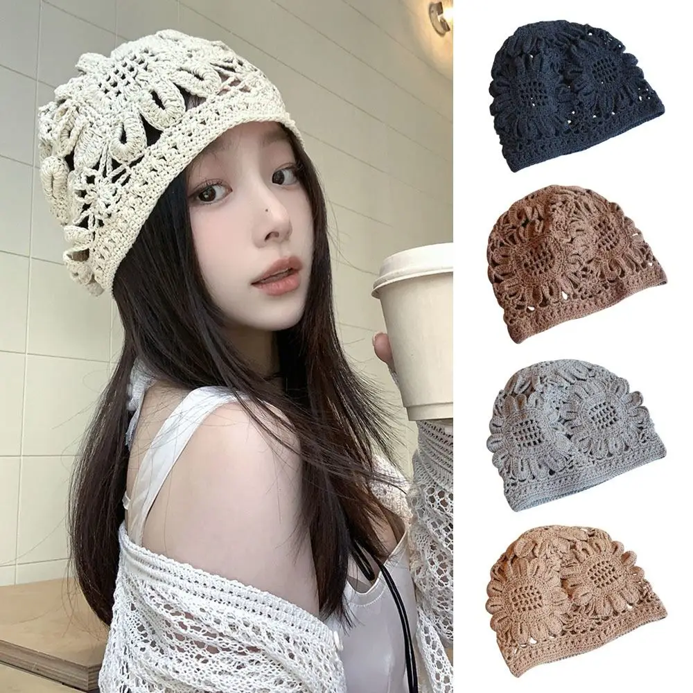 Breathable Hollowed Out Knitted Hat Flowers Lace Beret Cap Casual Summer Skullies Hat for Women