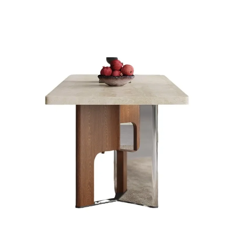 French retro travertine rock slab dining table and chairs, solid wood home high-end villas hang rectangular dining tables
