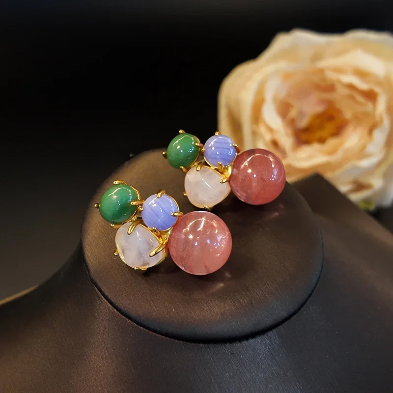 

2025 Sweet Ladies Designer Women Colored Nature Stone 18k Gold Plated Stud Earrings Set Jewelry , Woman Ear Accessories Gift