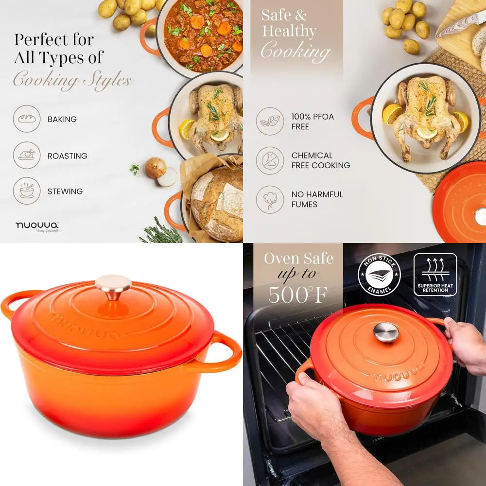 

Чугунная эмалированная жаровня-казан объемом 6,4 литра, оранжевая, с крышкой - антипригарная, подходит для духовки до 500 градусов. ° F для выпечки, тушения и жарки