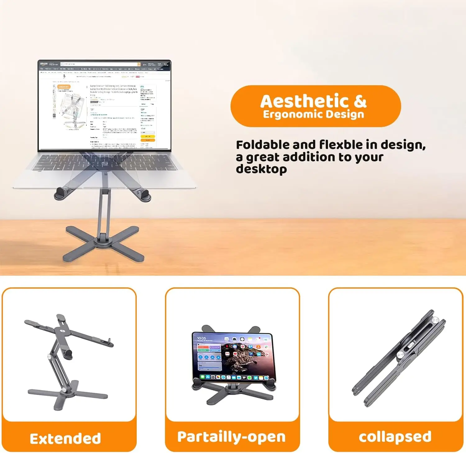 Laptop Stand 360° Rotating Metal Riser, Foldable for Desk, Fits Laptops up to 16' Grey