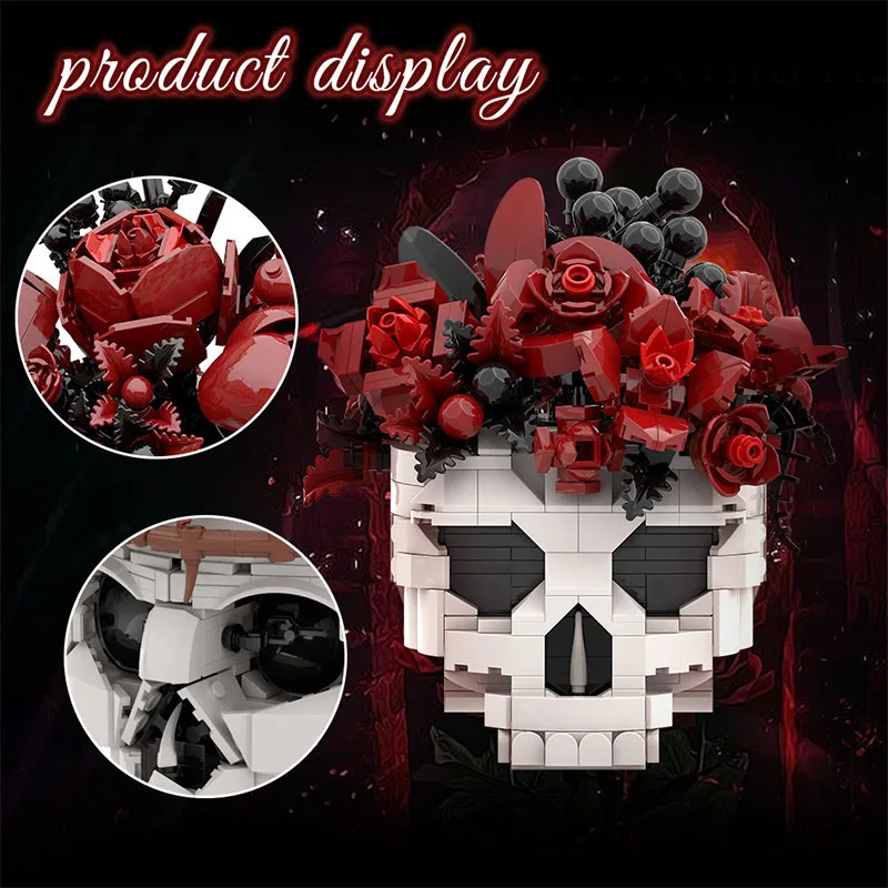 MOC Skull Rose Flower Pot DIY Building Blocks Creative Gifts for Kids Adults Halloween Dark Romance Home Decor Model Kits Toys