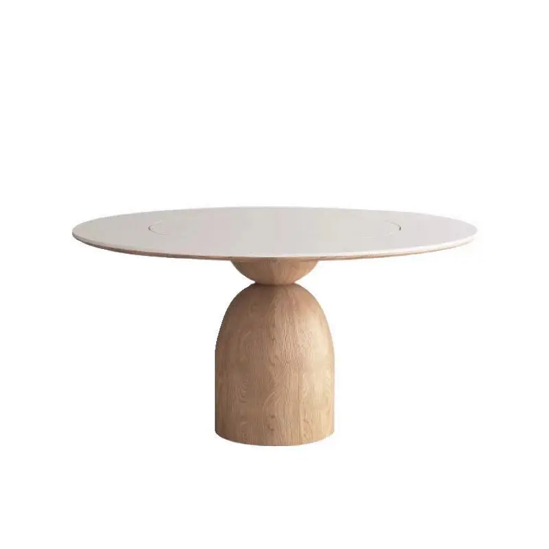 

Cream style log color rotating rock slab round dining table with turntable white dining table wabi Japanese style round table