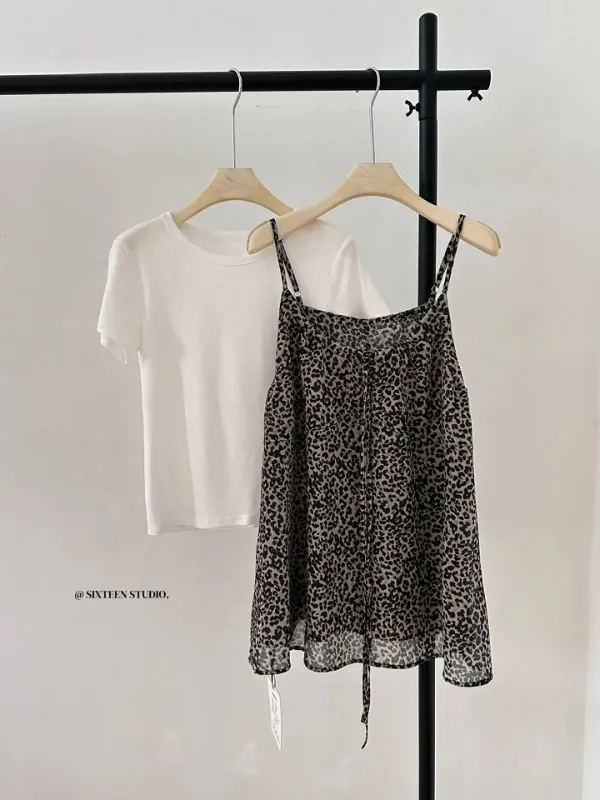 

plus Size 300 Pounds Women's Leopard Print Casual Outfit Set Summer Simple Color T-Shirt Two-Piece Trendy Ensemble