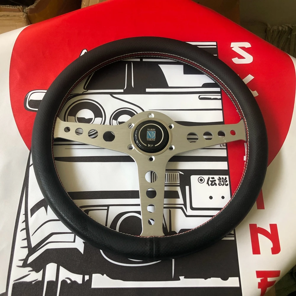 Classic Silver Drift 14Inch Universal Nardi Steering Wheel Car JDM Racing Real Leather Nardi Steering Wheel Volantes