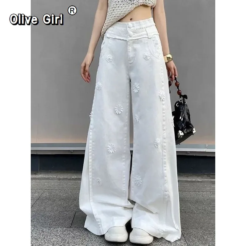 Olivegirl French Denim Jeans Women's Pants Daisy Flower Embroidery High Waisted Wide Leg Trousers Versatile Straight Leg Pants