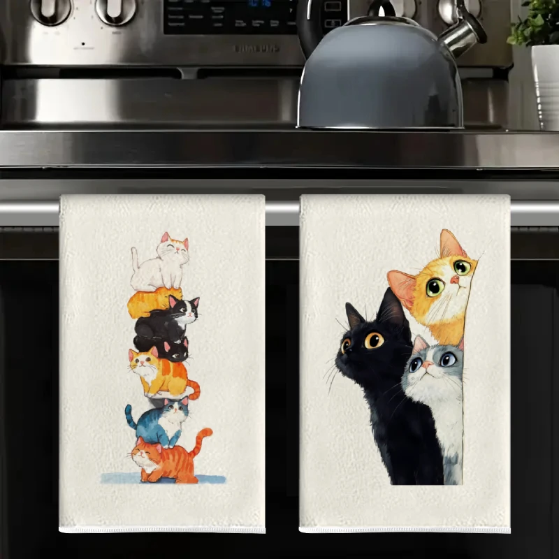 2Pcs, Stacked Cat + Probing Cat Kitchen Towels, 40Cm*60Cm Towel Set, Super Absorbent Soft Cleaning Cloth, Cooking and Baking Tea Towel, Hand Towel, Cleaning Cloth, Dishcloth, Kitchen Decoration, Living Room Decorations, Kitchen Essentials, Home Essentials