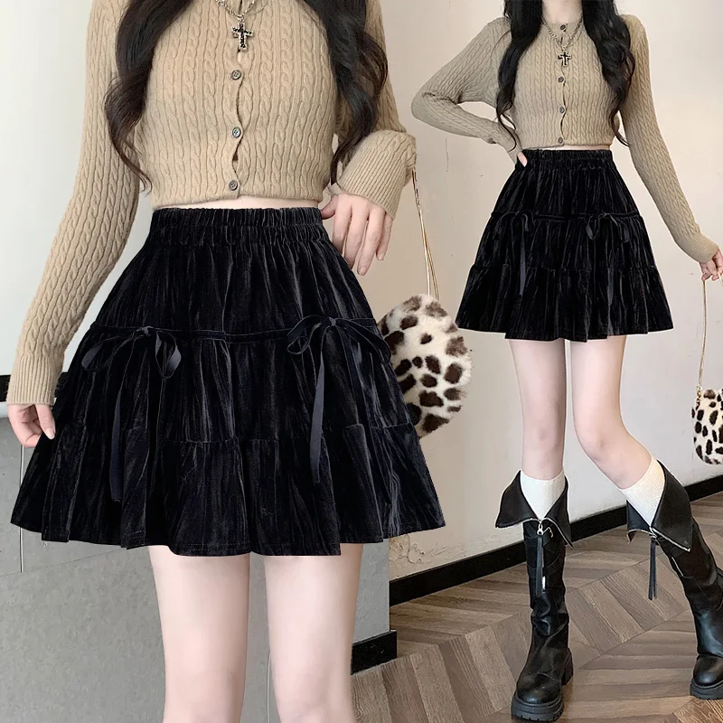 MiiiiX Elegant Versatile Velvet Short Skirt Loose Lace-up Bow Design A-line Pleated Ruffled Skirt 2024 Autumn Women's Clothes