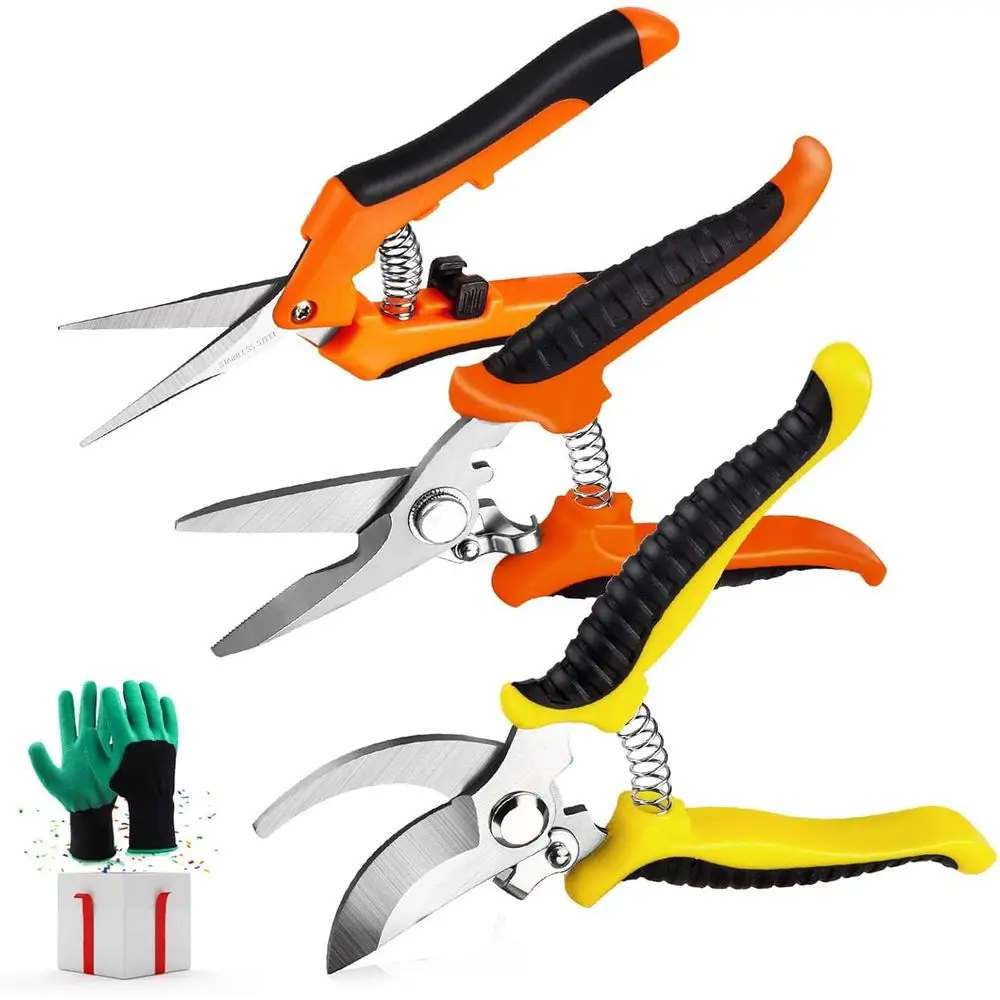 Garden Pruning Shears Stainless Steel Blades Handheld Pruners Set with Gardening Gloves
