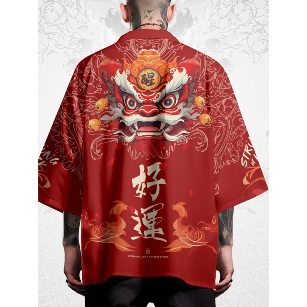 

Summer Kimono Men Hawaiian Shirt Retro Dragon Kimono Streetwear Cardigan Beach Bathrobes Red Haori Women Yukata Japanese Clothes