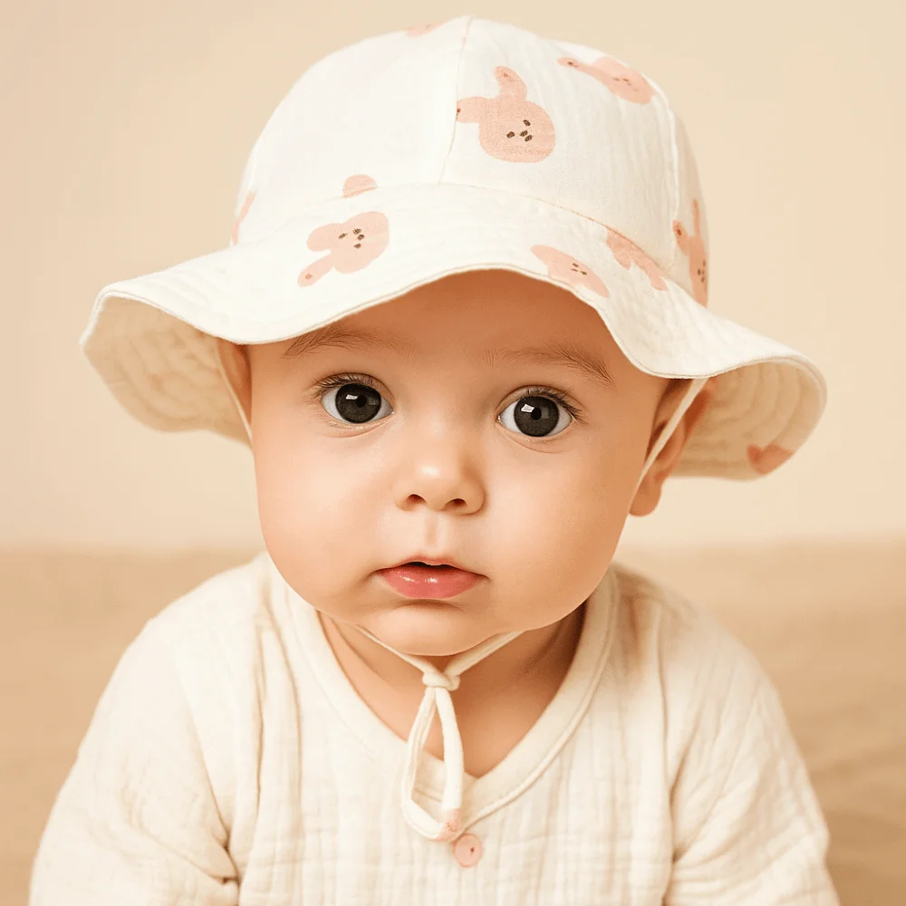 Soft Cotton Infant Bucket Hat Flower Love Heart Kid Sunhat with Strap Wide Brim Children's Fisherman Hat Baby