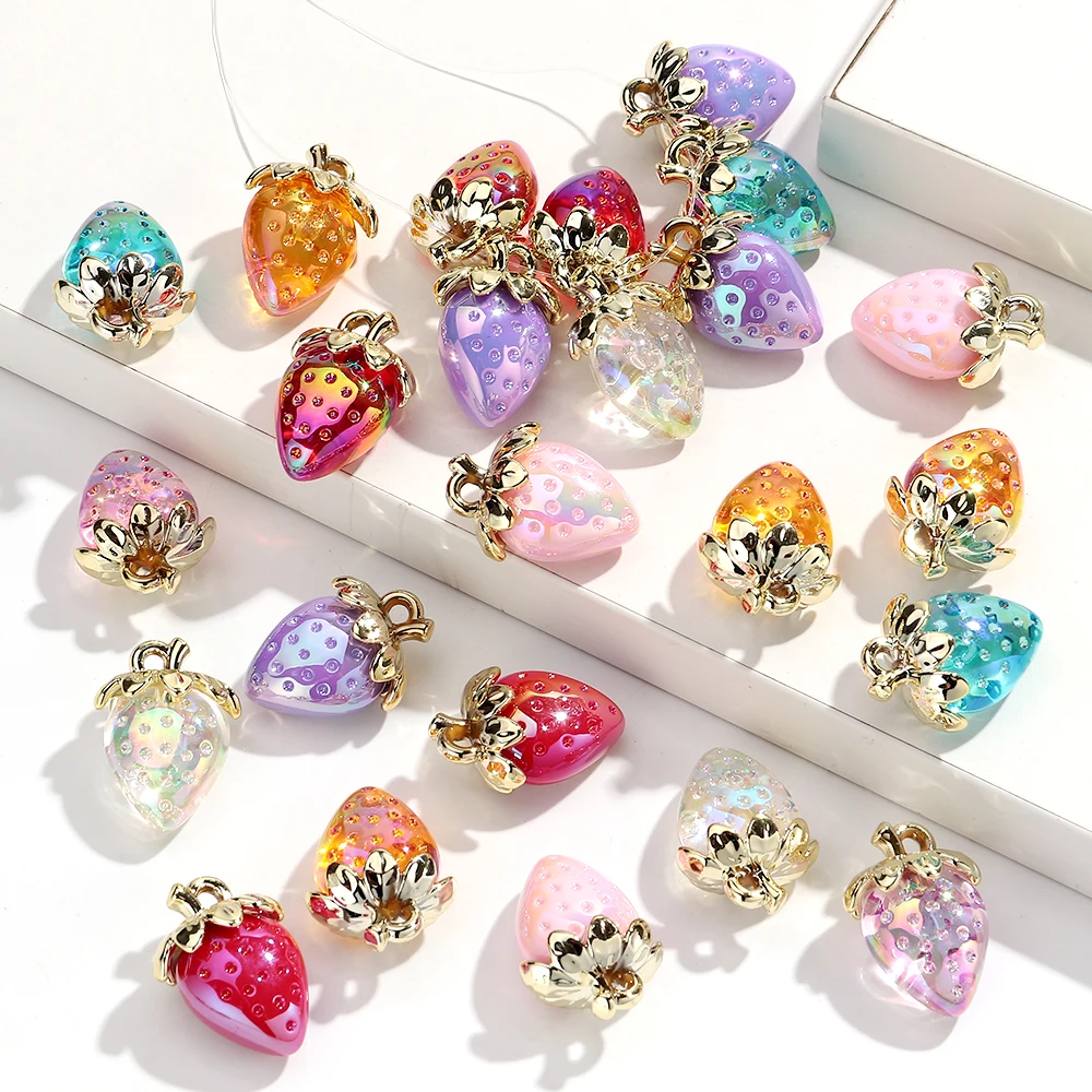 10 szt. Przezroczyste akrylowe zawieszki truskawkowe 23x31mm, tęczowe wisiorki do samodzielnego tworzenia biżuterii, naszyjników, breloczków, akcesoriów do uszu