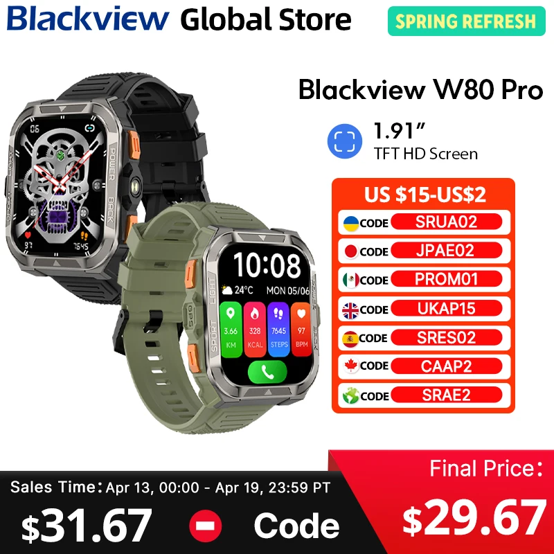 

Blackview W80 PRO Smart Watch 1.91‘’ Display GPS Compass Outdoor Rugged watch 900mAh with LED Flashlight Bluetooth Calling