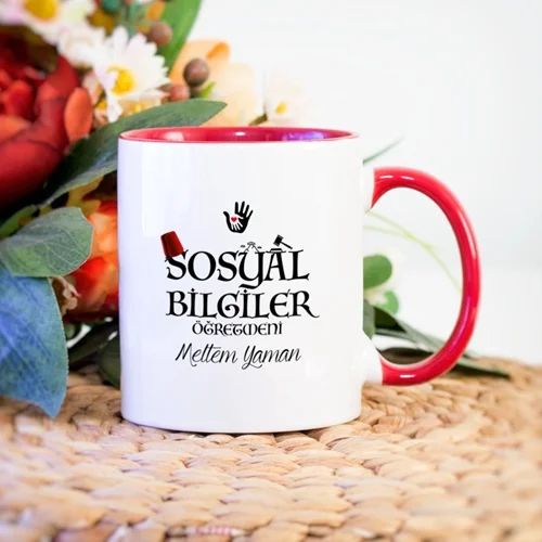 Personalized red colorful social information teacher mug cup