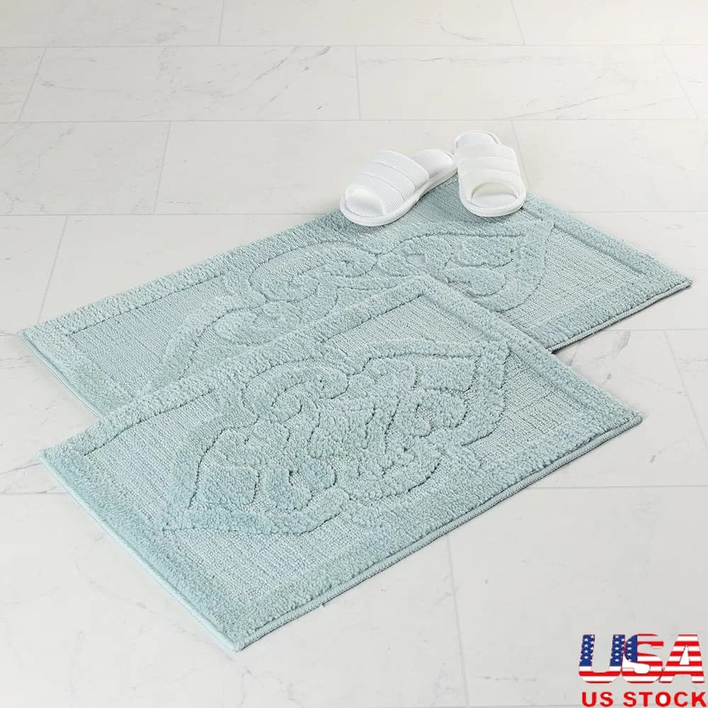 

Durable Non-Slip Bath Rug Set Machine Washable Bathroom Kitchen High-Low Jacquard Medallion Accent Soft Polyester Fiber 2PC