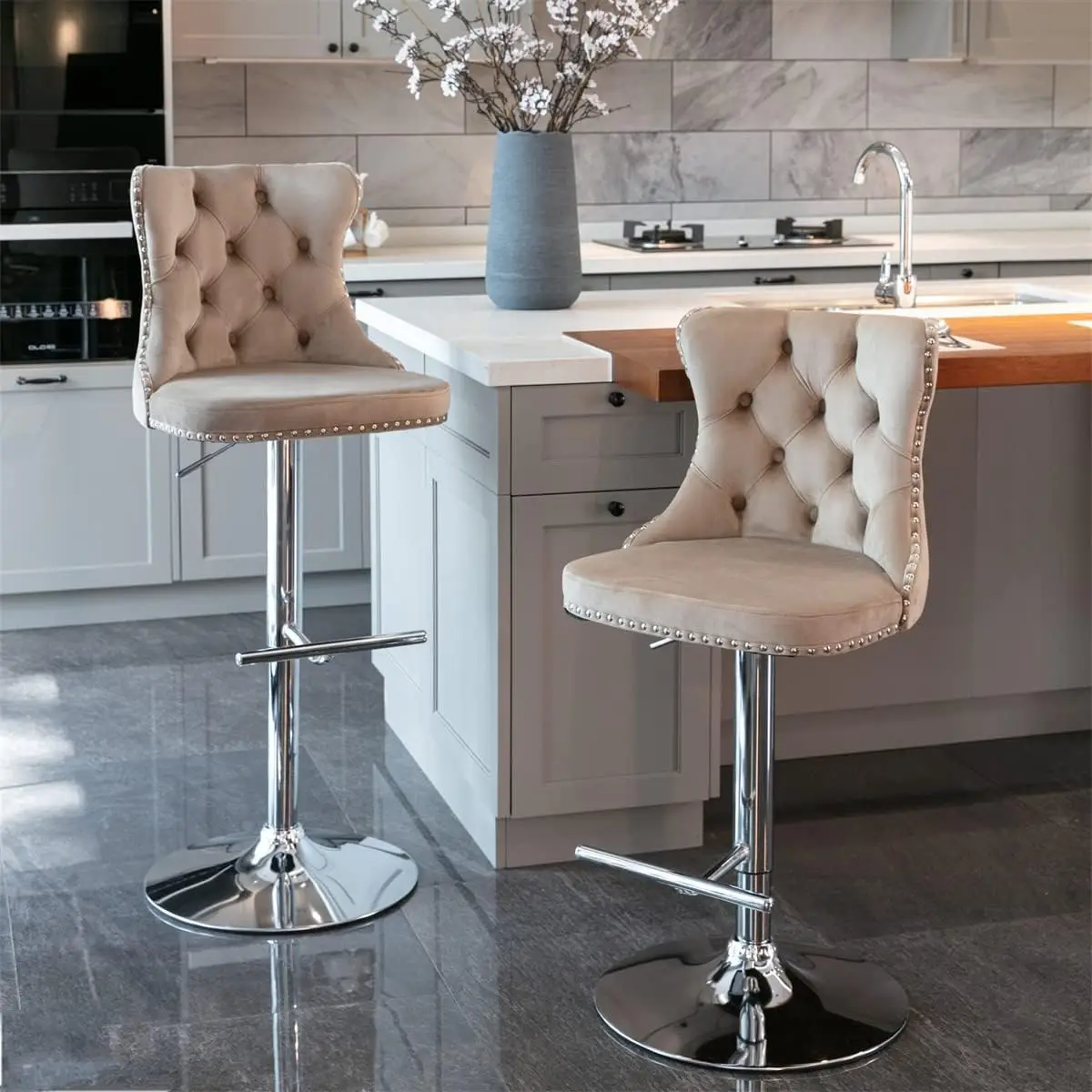 

Swivel Velvet Barstools Set Of 2, Upholstered Bar Stools With Backs Comfortable Tufted & Nailheads Decor, 25-33'' Height