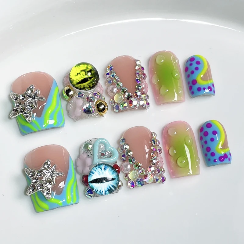 

10PCS Duckbilled Press on Nails Handmade Y2K French Press on Nails Charms Design With Rhinestone Reusable False Nail Gel Art