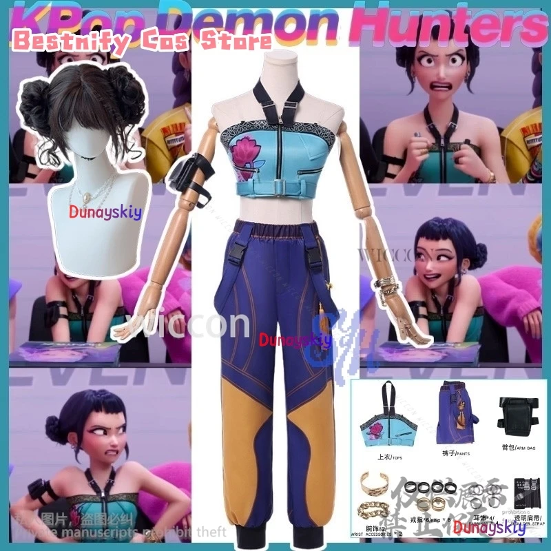 

Kawaii Korea Girls Y2K Идол сценическая форма для аниме Demon Huntrix косплей Zoey Girls группы сексуальный топ брюки парик серьги Хэллоуин