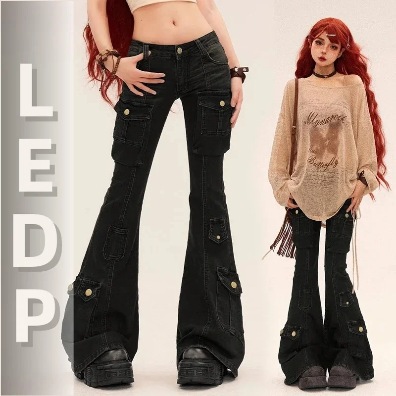 IMU Women's Low Rise Flare Black Jeans Vintage Whiskers Pockets Tight Stretch Denim Cargo Pants Casual Alt Goth Street