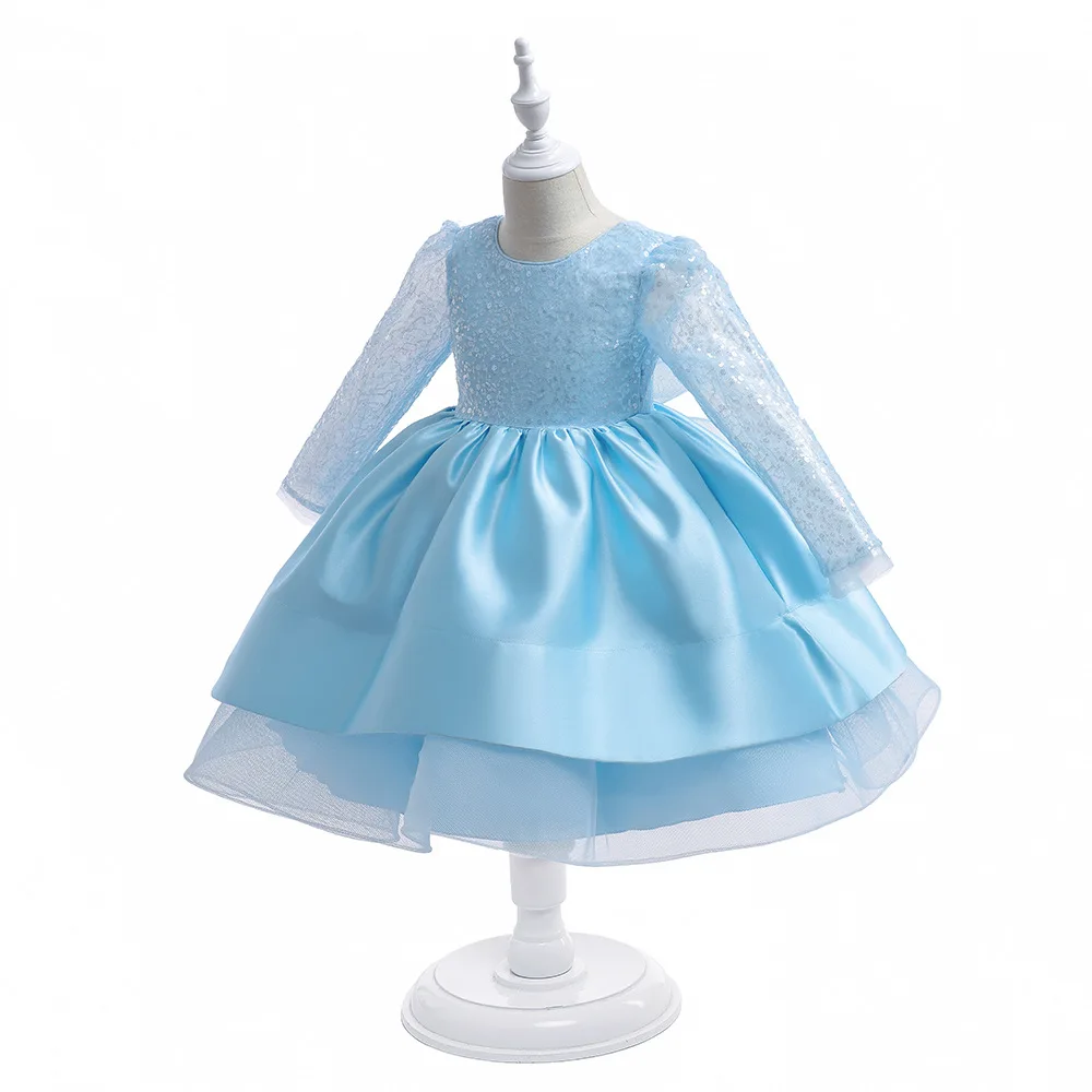 Vestido de renda de manga comprida infantil, lantejoulas anfitrião, aniversário, casamento