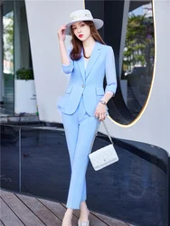 Women's Summer Pants Suit Elegant Women's Sets Blazer Trousers  Blue See-Through Sleeve Top Femalt Suit 2 Pieces 2024