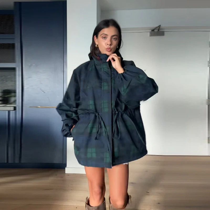 Retro Trendy Plaid Jacket Loose Casual Chic Designer Coat Stand-collar Hoodie Autumn Outerwear Women's Street Wear