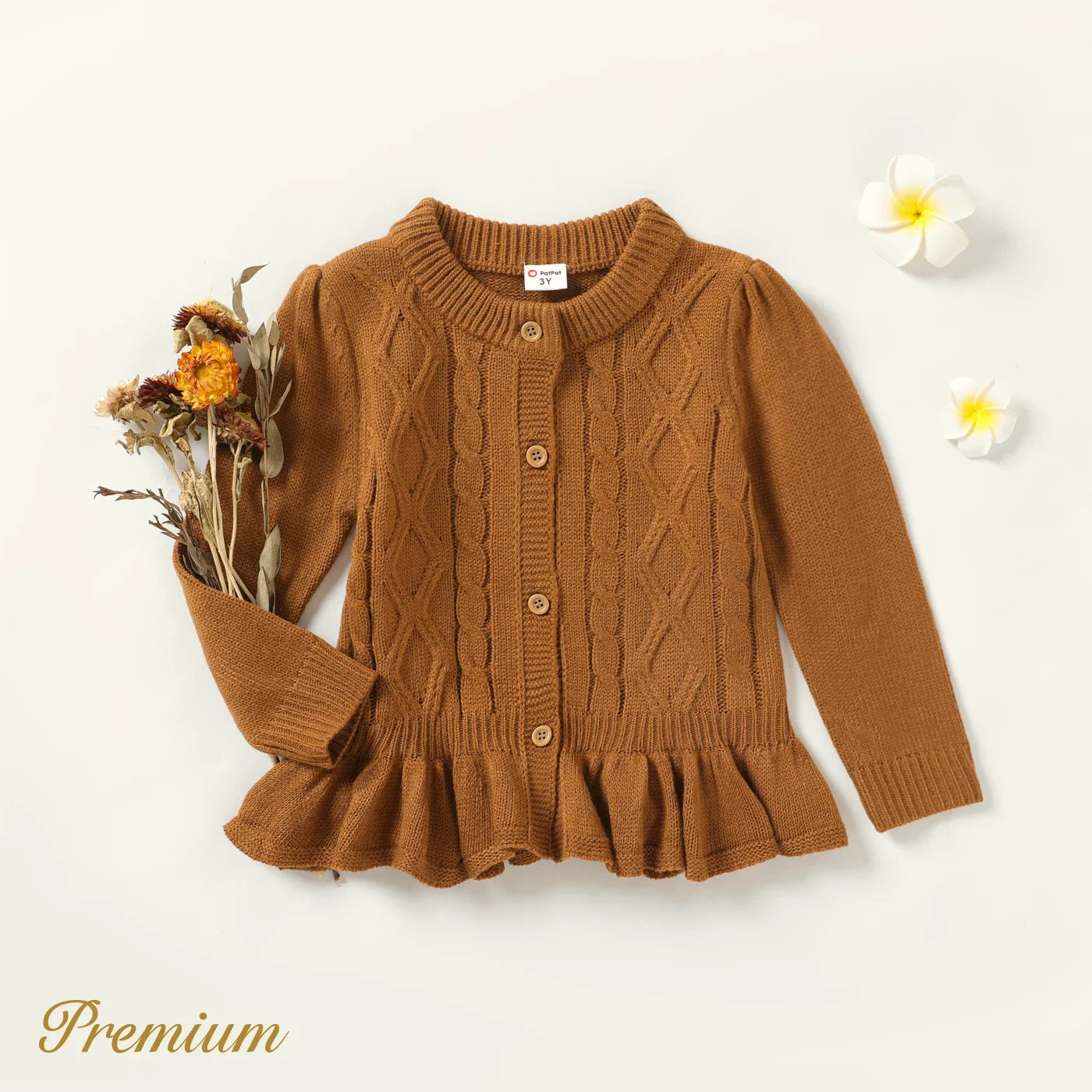 PatPat Toddler Girl Button Placket Peplum Cable Knit Sweater Soft and Comfortable  Perfect for Outings and Daily Wear