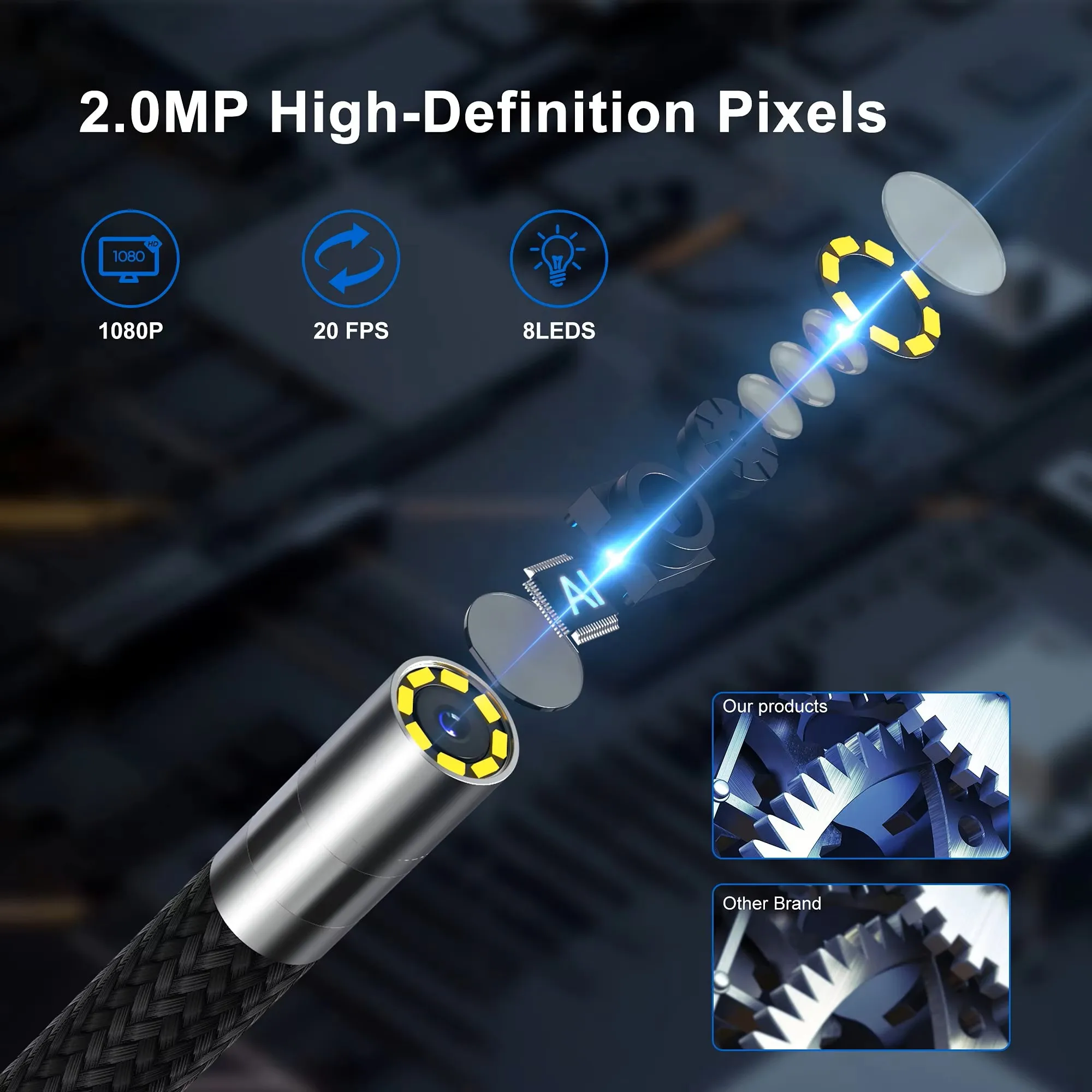 กล้องตรวจสอบแบบส่องกล้อง Ralcam 2-Way Articulating Borescope ขนาด 8.5 มม. ความละเอียด 2MP HD หมุนได้ 180 องศา °   กล้องส่องตรวจแบบมีหัวตรวจสอบที่สามารถควบคุมได้ พร้อมไฟ LED สำหรับ iOS และ Android