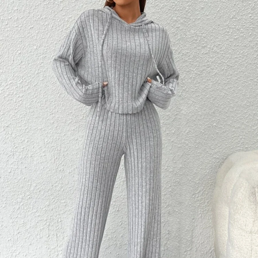 

【New Arrival】Gray Ribbed Knit Two-Piece Loungewear Set, Cropped Hoodie & High Waist Pants, Casual Cozy Wear