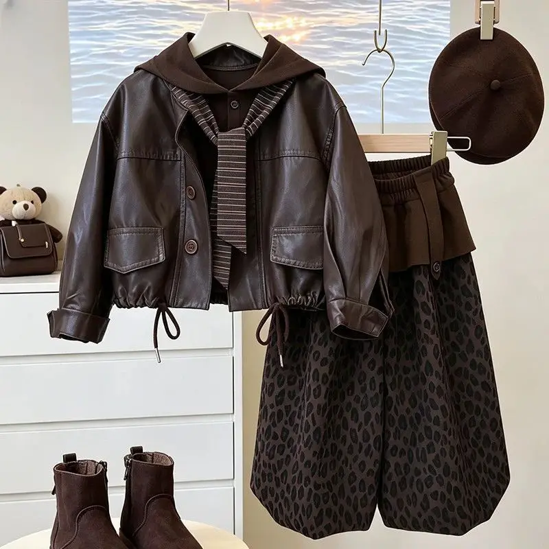 Spring Autumn Elegance Fashion Baby Girls Sweet Kids Princess Coat+Hooded Shirts+ Leopard pattern Paints Children Casual 3Pcs Se