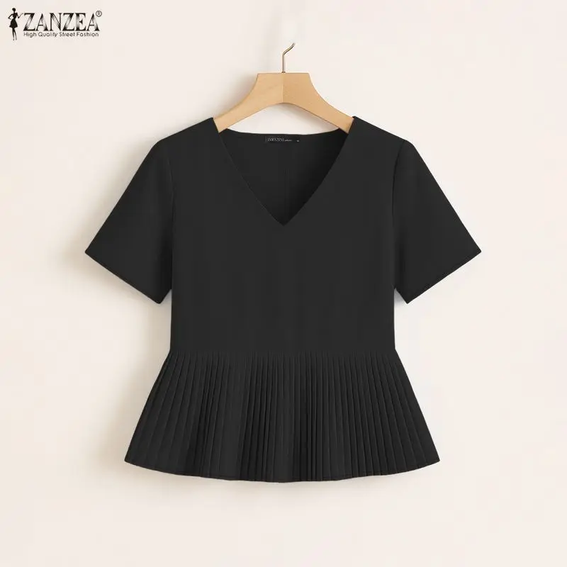 

Woman Casual Lightweight Short Sleeve Blouses V-Neck Pleated Hem Patchwork Solid Color T-Shirts ZANZEA SummerBlusas de Mujer