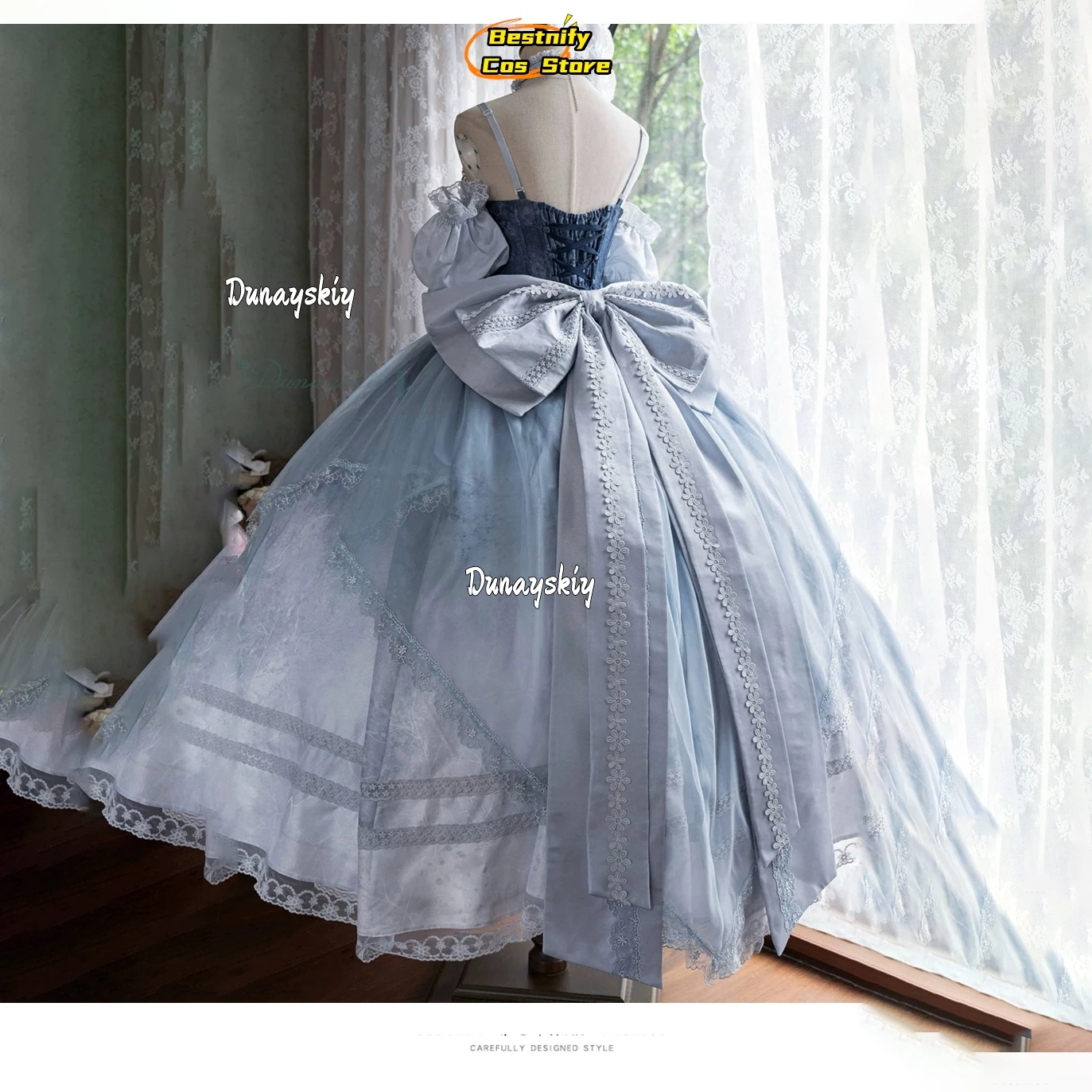 {Bestnify Cos}Cinderella Lolita Dress Evening Dress Skirt  Wedding Princess Costume Elegant Blue Dress Puffed Sleeves Halloween view 5