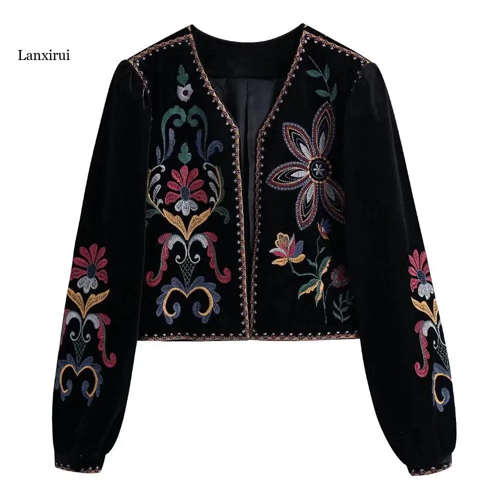 Women Fashion Contrast Embroidery Velvet Crop Open Blazer Coat Vintage Long Sleeve Female Outerwear Chic Veste Femme