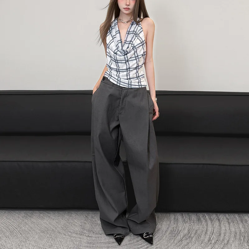 2025년 여름 여성용 세련된 체크무늬 네모난 디자인 니트 얇은 올매치 프린트 탑 트렌디 크로스보더