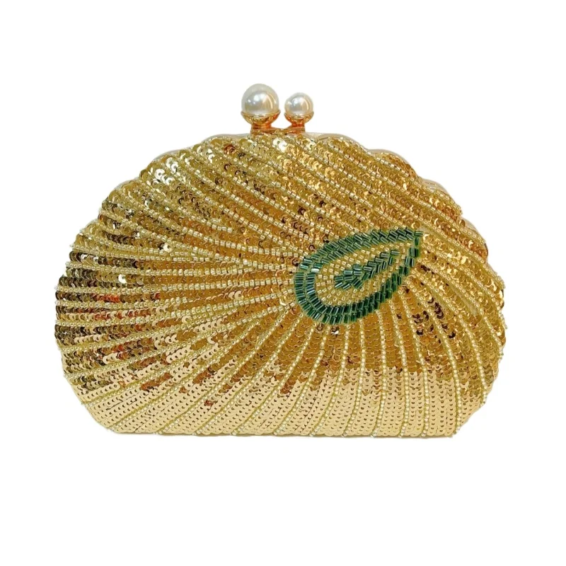 

Vintage Sequins and Beaded Glitter Peacock Feather Evening Bag Women's Shiny Embroidered Dinner Party Banquet Clutch Purses