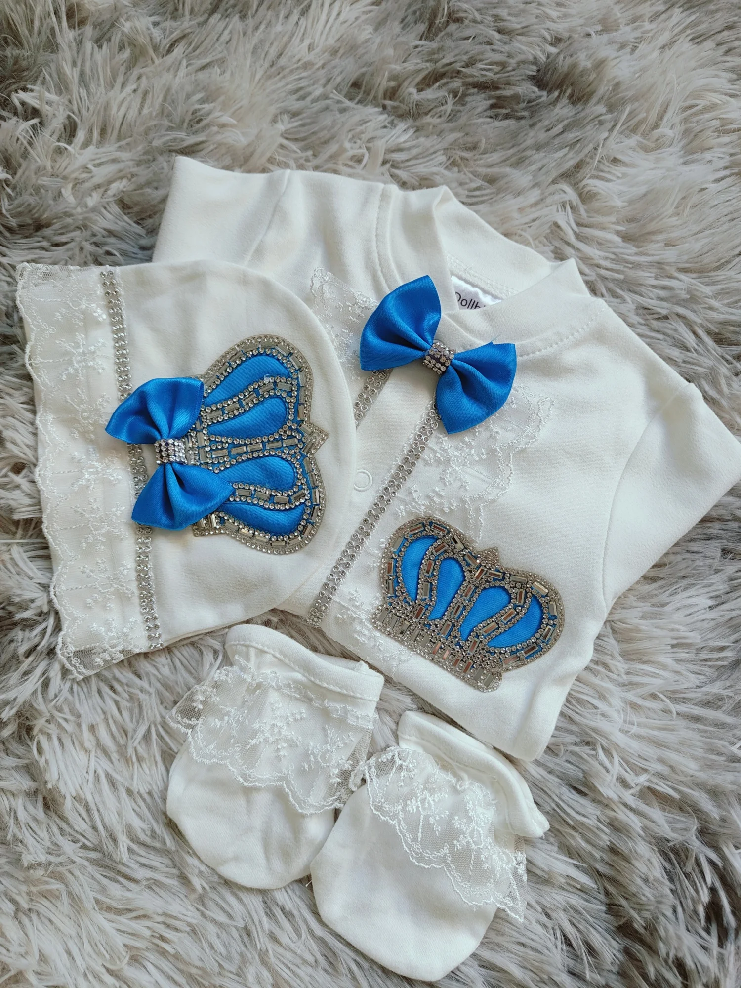 Gentleman Prince Baby Romper 0-9 Months 3Pcs Pure White Royal Blue Satin Bow Rhinestone Crown Lace Boutique Baptism Gift