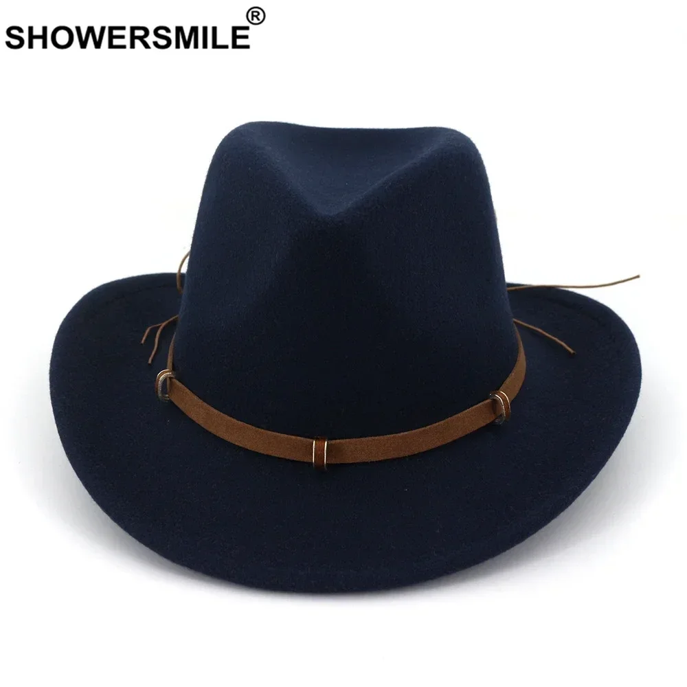 

SHOWERSMILE Men Navy Fedora Women Fedora Cowboy Felt Hat with Leather Belt Self Tie Rope Wide Brim Vintage Solid Winter Jazz Hat