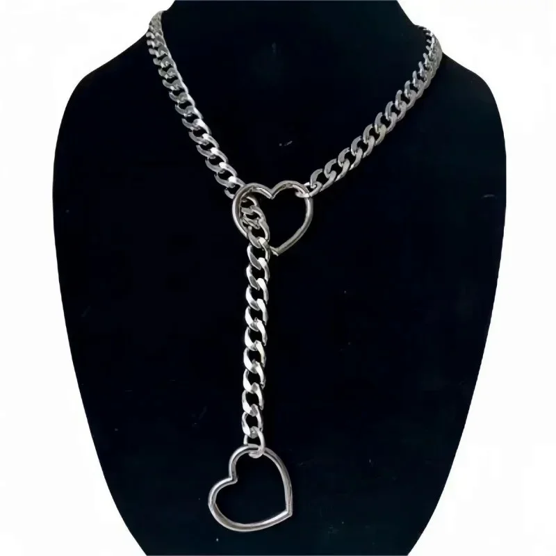 Collier long cubain en acier inoxydable pour femme, bague en forme de cœur, chaîne ald punk rock, bijoux de cou réglables