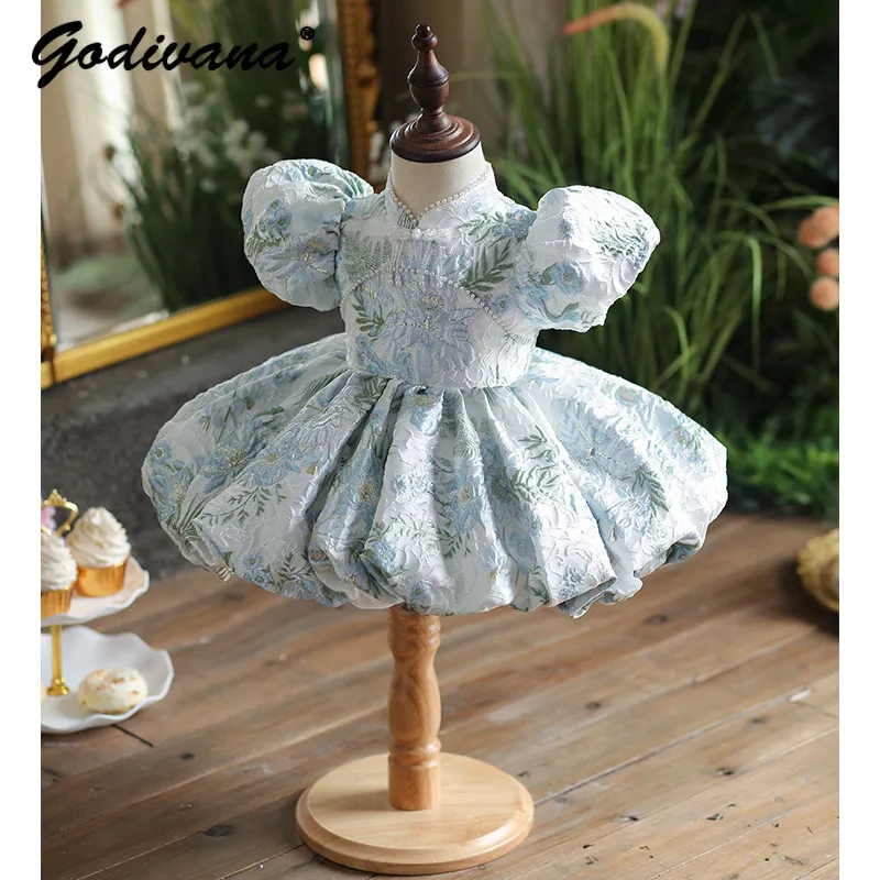 

Baby Girls Christening Gown Summer Toddlers High End Princess Puff Sleeve Pearl Neck Heavy Embroidery Birthday Flower Girl Dress