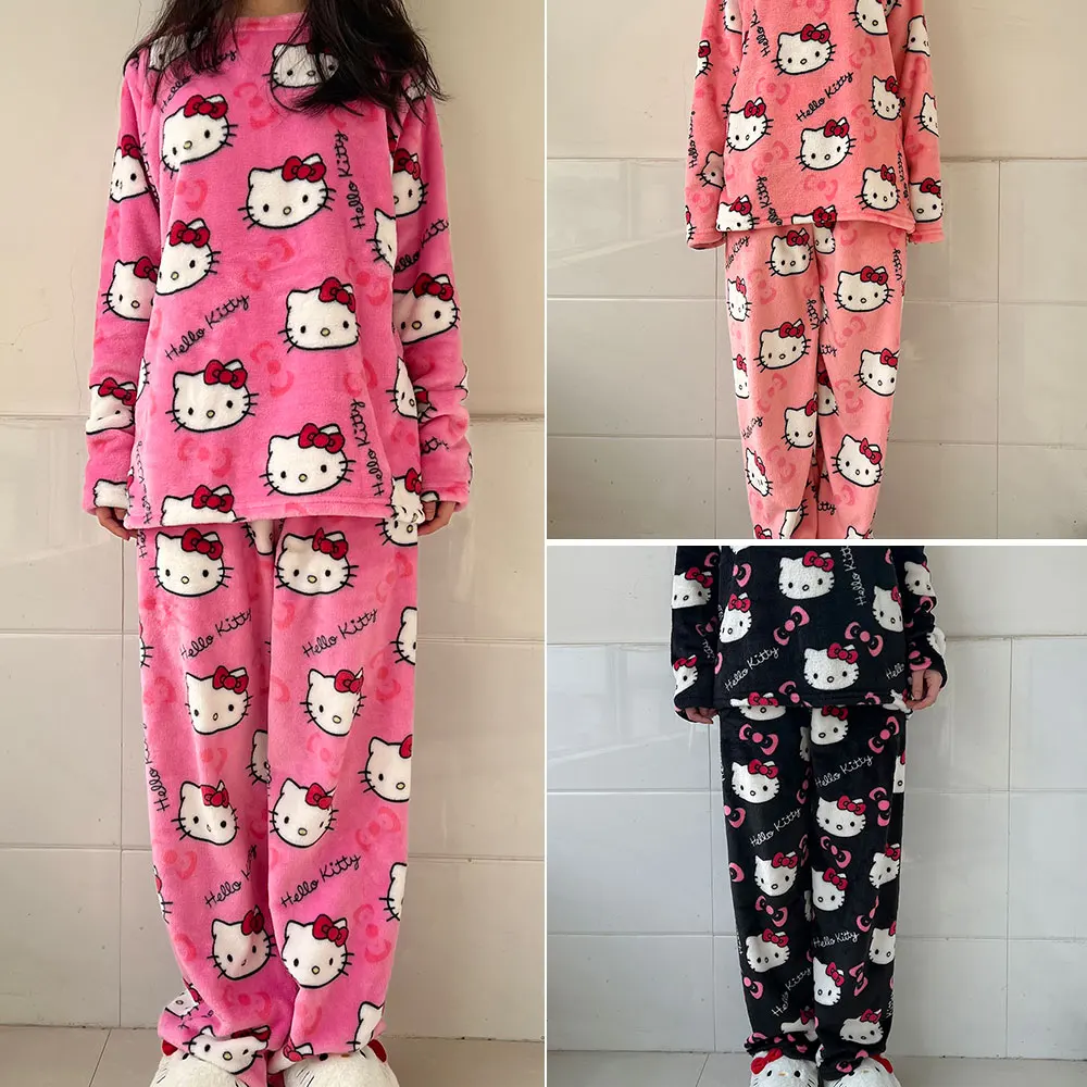 2 unids/set de pijamas de Hello Kitty, pantalones de Anime Sanrio, abrigo de dormir de dibujos animados, ropa bonita para el hogar, ropa de descanso para parejas, conjunto de pijama cálido, regalo para niñas