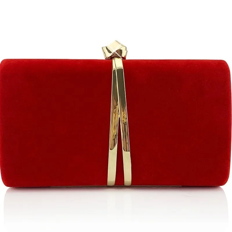 Elegant Velvet Evening Bags Women Simple Metal Knot Buckle Clutch Wedding Party Red Khaki Graceful Mother's Bag Crossbody Chain