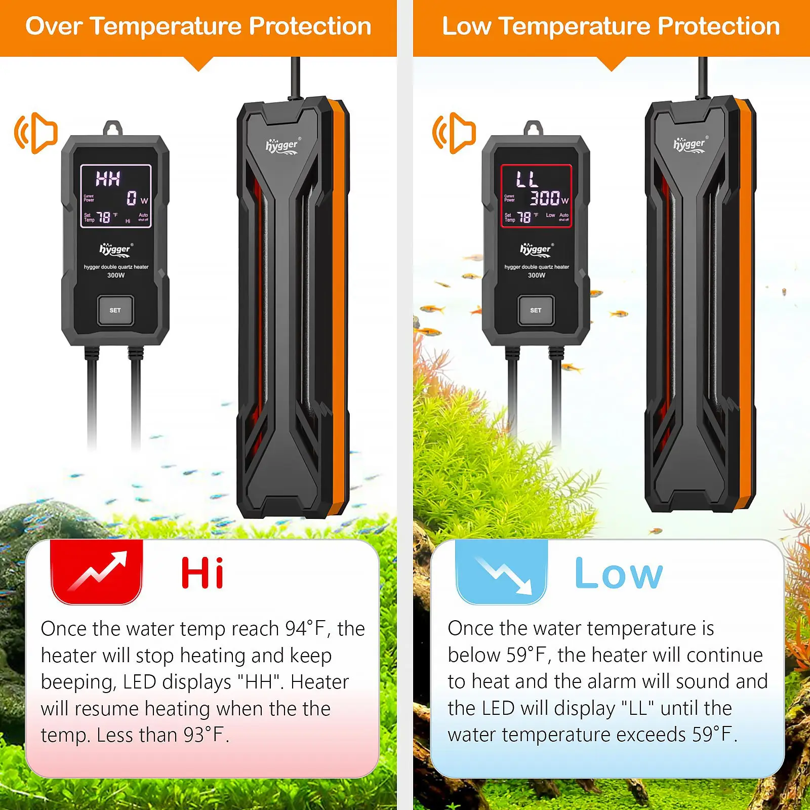 Riscaldatore per acquario al quarzo Hygger con controller LED digitale