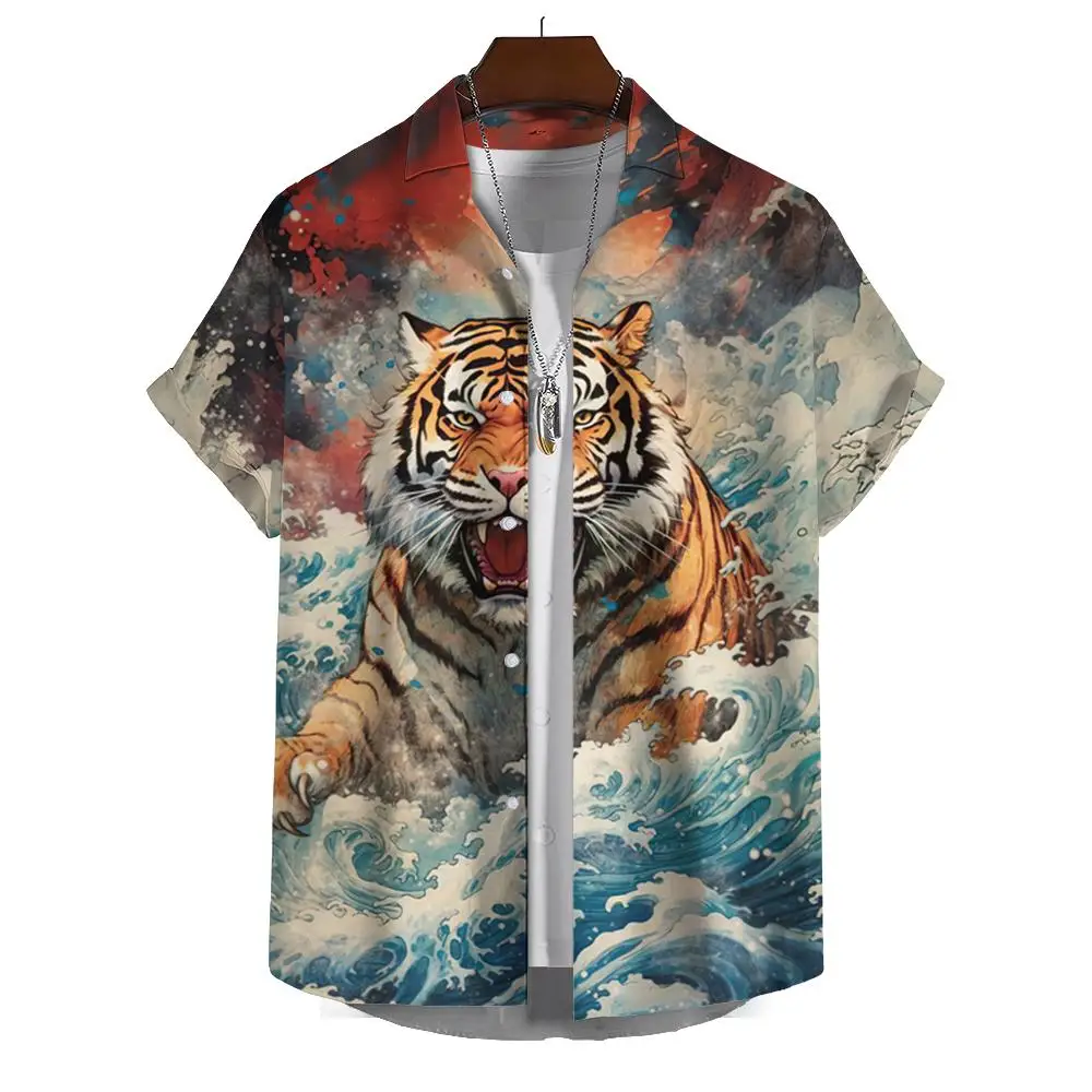 Summer Fashion Cartoon Mythical Animal Lion Tiger Wolf Print Men\'s Short Sleeve Casual Printed Tops Vacation Travel Oversized